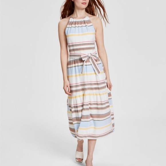 DKNY Ivory Stripe Gauze Midi Dress Size 6 Belted Halter Neck - Picture 1 of 8